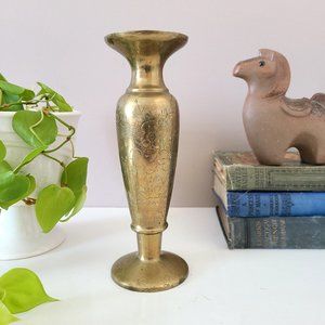 Vintage Etched Solid Brass Vase with Bird and Floral Design.